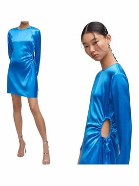 NWT! Mango Blue Satin Side Cut-Out Long Sleeve Cocktail Mini Dress. Size US 10.